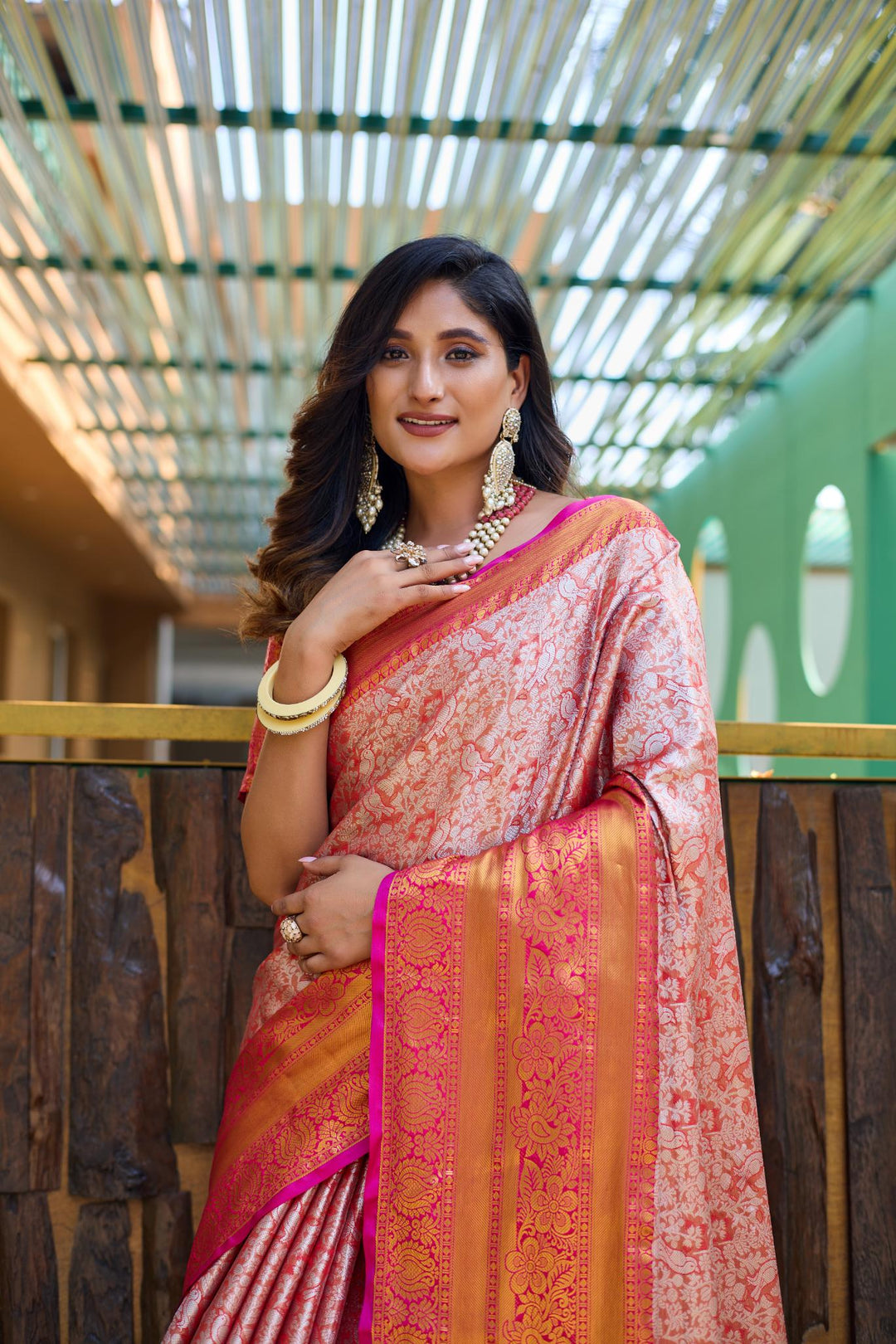 Prism peach banarasi tissue silk saree - PAHRAVA