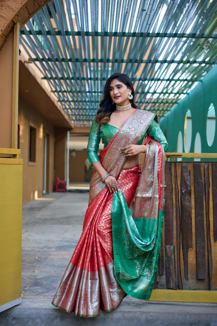 Plum peach with green banarasi silk saree - PAHRAVA