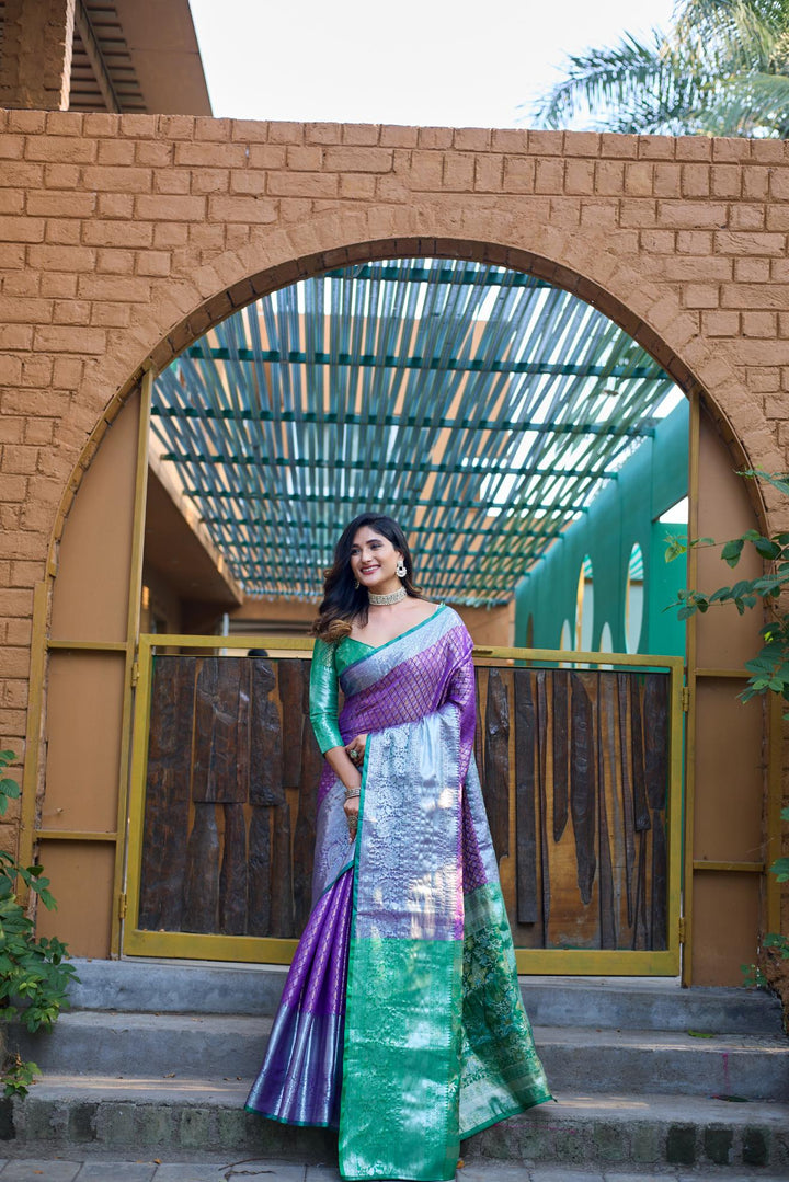 Lavender with green banarasi silk saree - PAHRAVA