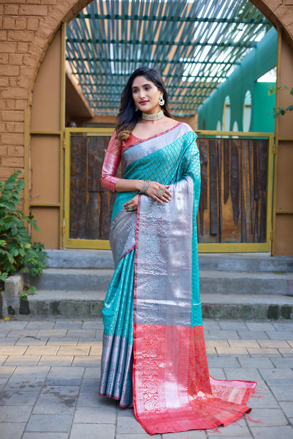 Sea blue with pink banarasi silk saree - PAHRAVA