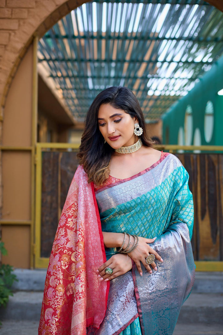 Sea blue with pink banarasi silk saree - PAHRAVA