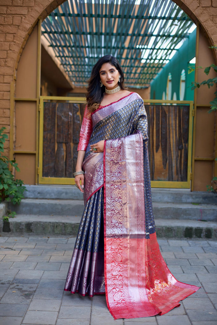 Grey with pink banarasi silk saree - PAHRAVA