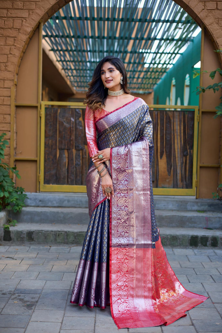 Grey with pink banarasi silk saree - PAHRAVA