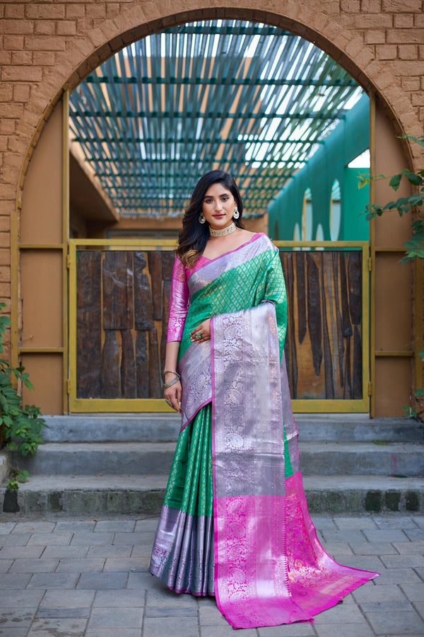 Green with rani pink banarasi silk saree - PAHRAVA