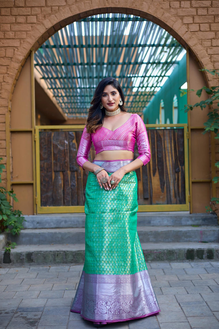 Green with rani pink banarasi silk saree - PAHRAVA