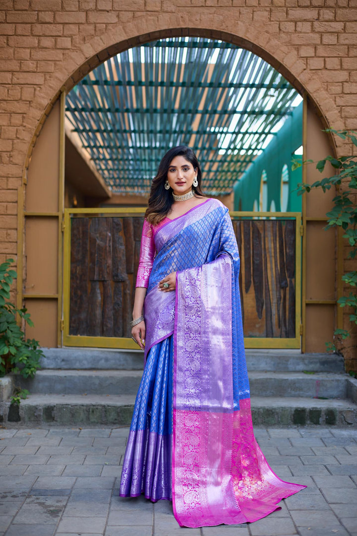 Ink blue with rani pink banarasi silk saree - PAHRAVA