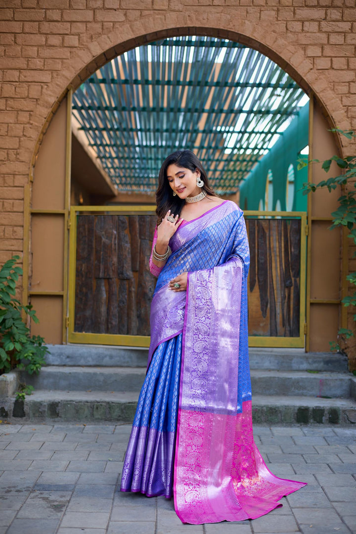 Ink blue with rani pink banarasi silk saree - PAHRAVA