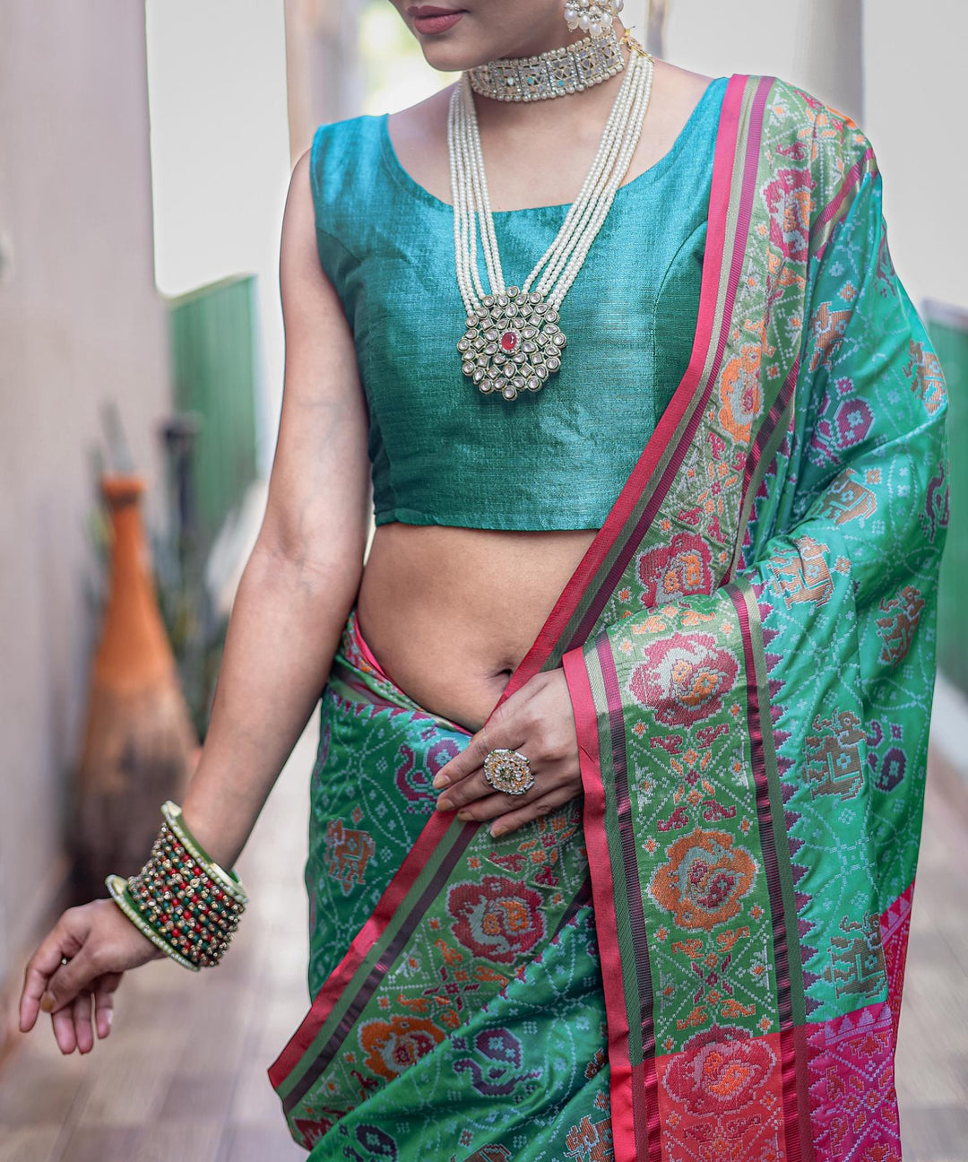 Teal Green Soft Patola Silk Saree - PAHRAVA