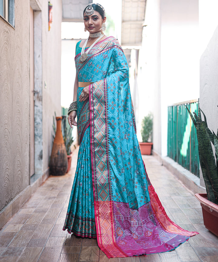 Sea Blue Patola Weave Silk Saree - PAHRAVA