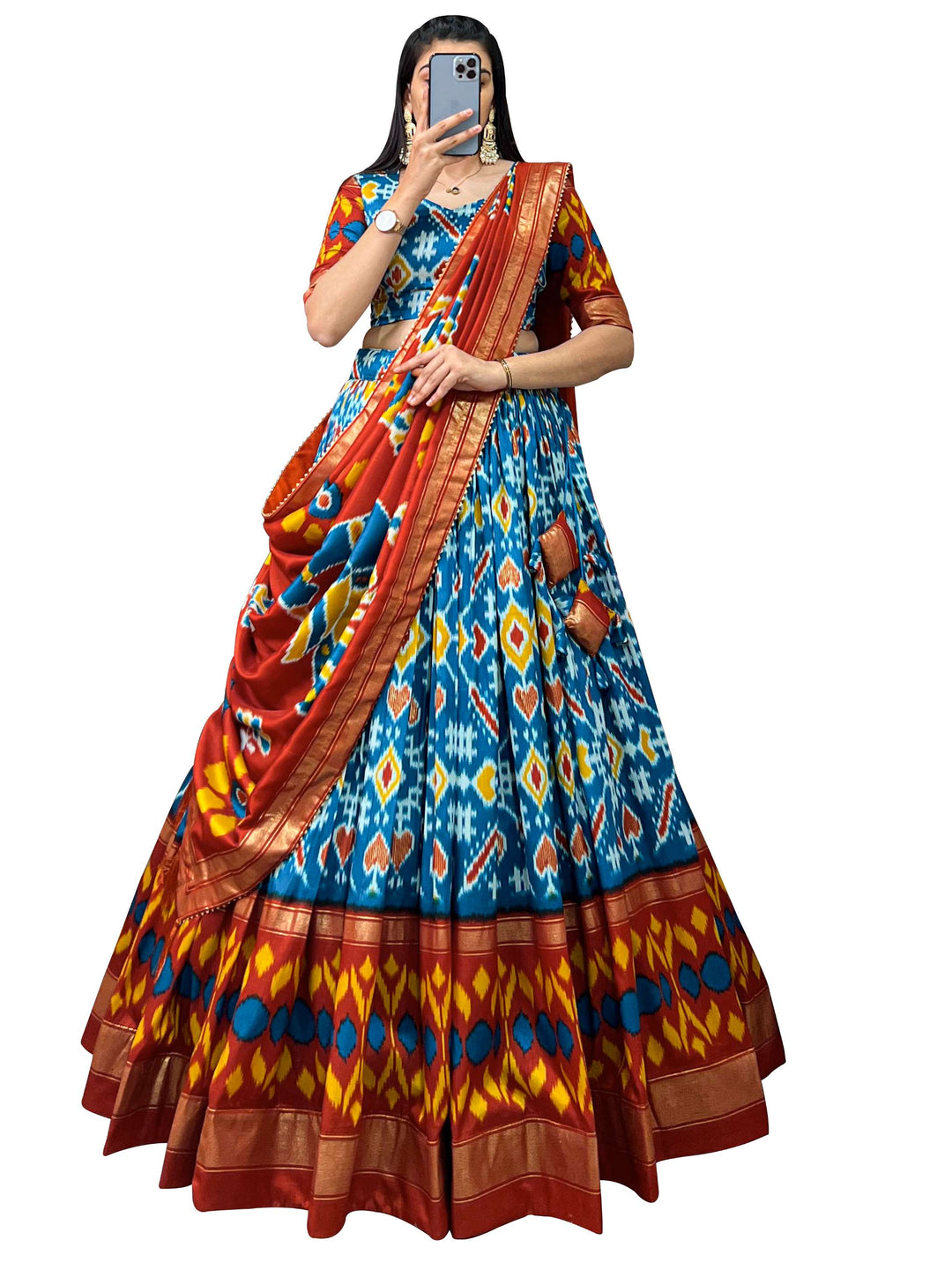 Sea Blue Patola Print Tussar Silk Lehenga Set - PAHRAVA