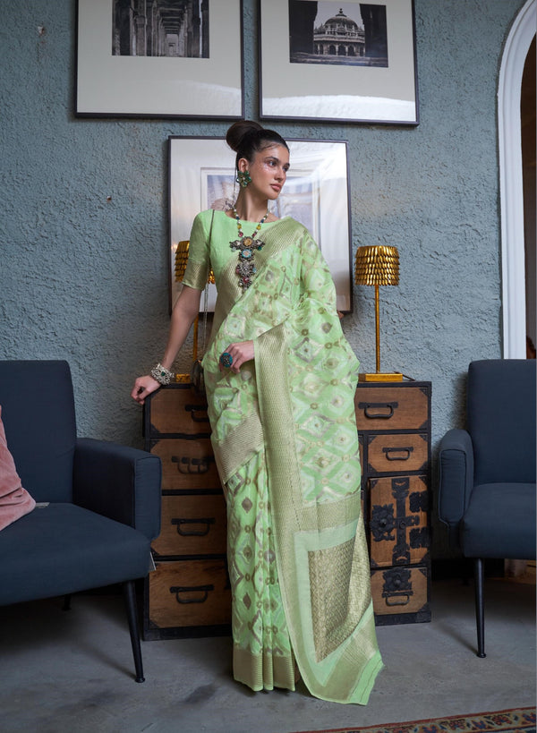 Pixie Green Pure Linen Handloom Weaving Saree - PAHRAVA