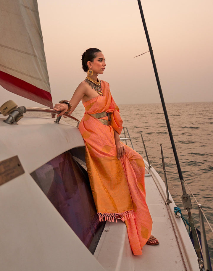 Sunrise Orange Satin Pastel Two Tone Handloom Weaving Saree - PAHRAVA