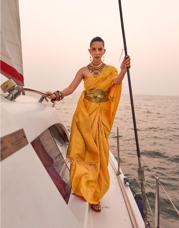 Golden Yellow Satin Pastel Two Tone Handloom Weaving Saree - PAHRAVA