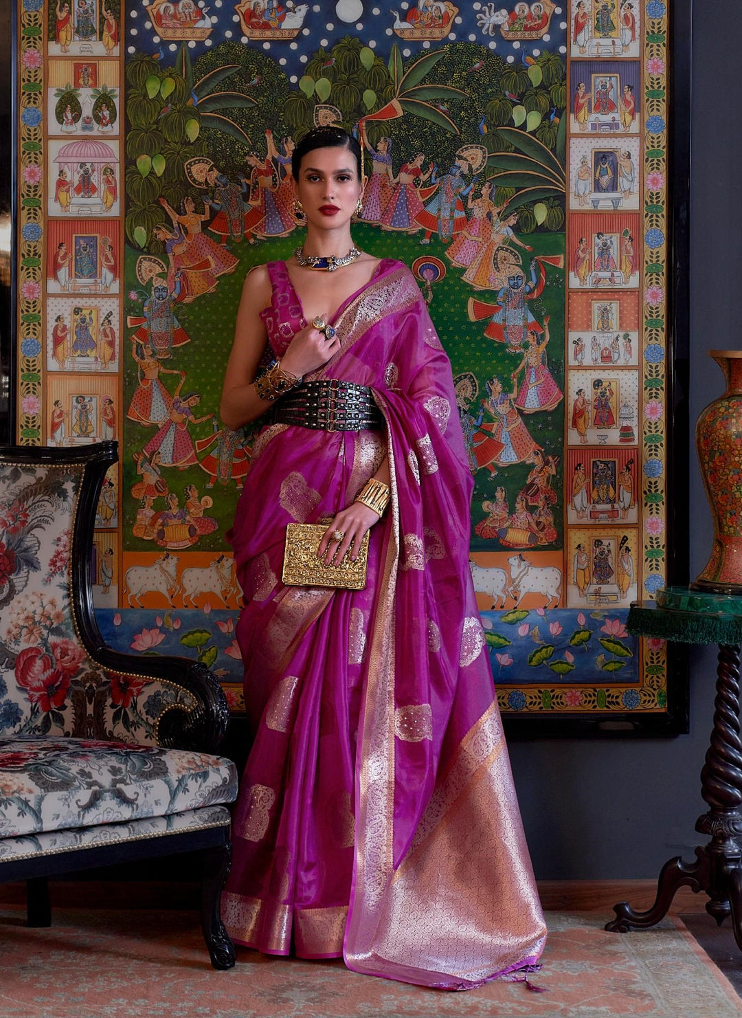 Orchid Purple Handloom Organza Saree with Sequins - PAHRAVA