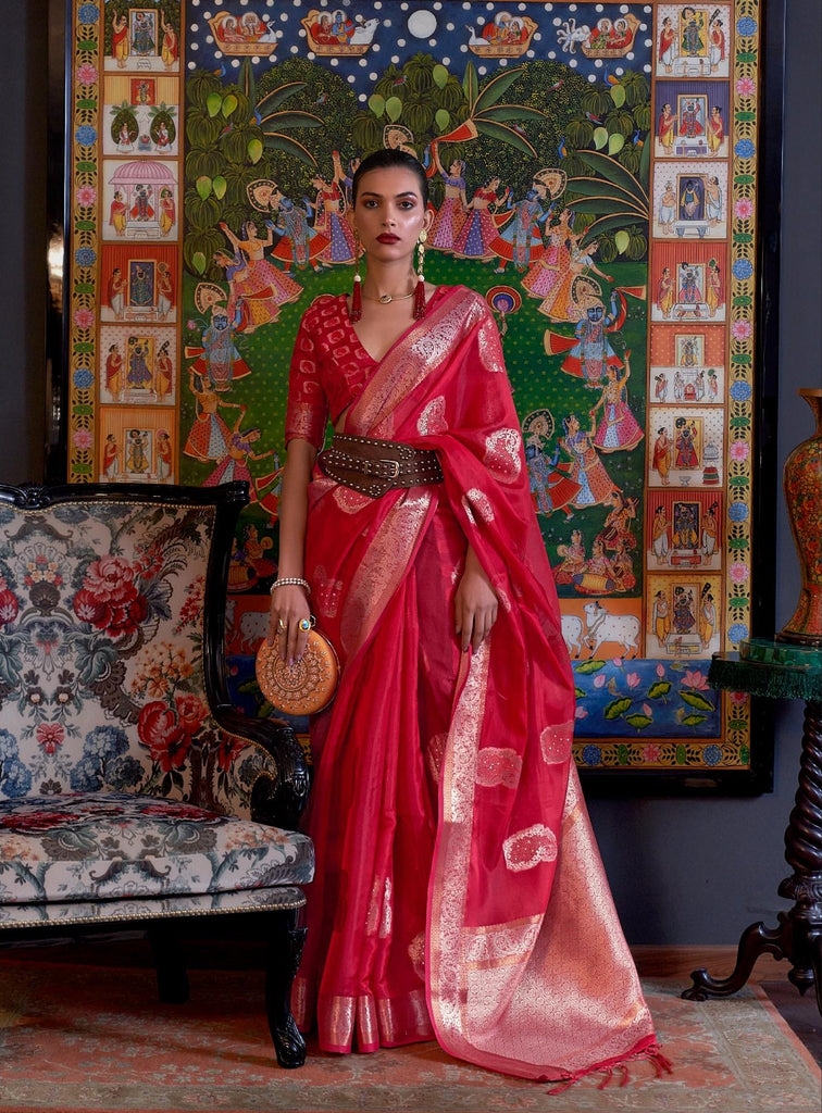 Bright Red Handloom Organza Saree with Sequins - PAHRAVA