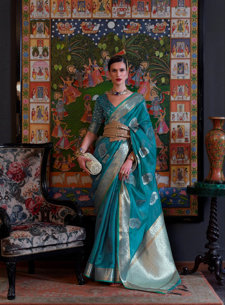 Fountain Blue Handloom Organza Saree with Sequins - PAHRAVA