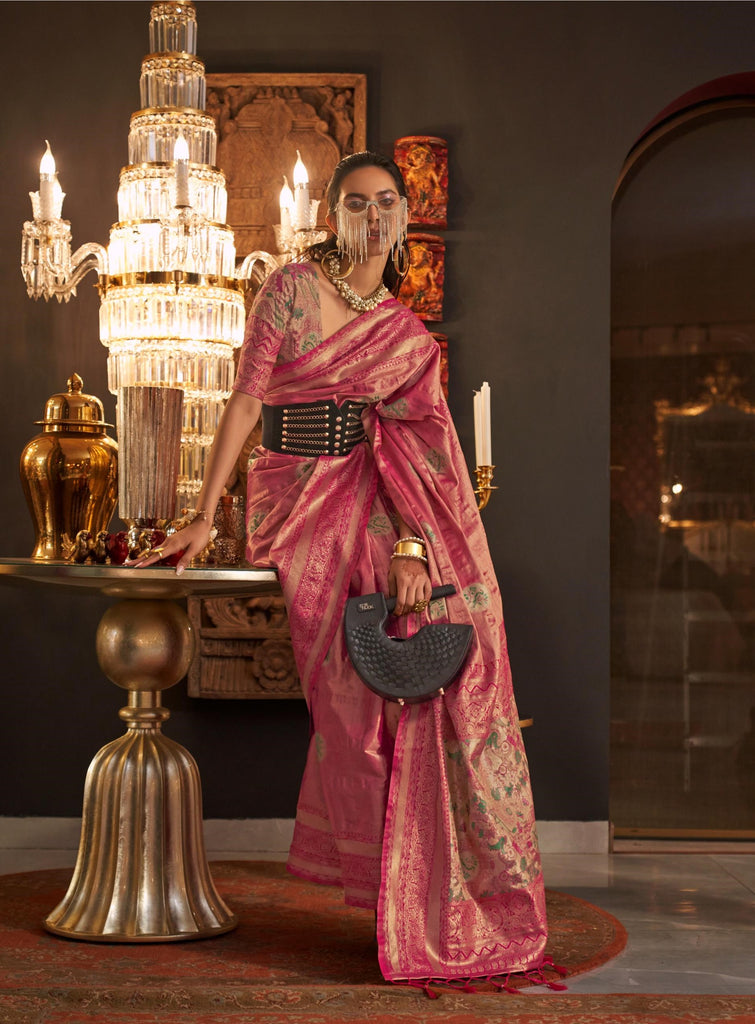 Dark Petal Pink Zari Base Handloom Weaving Saree - PAHRAVA