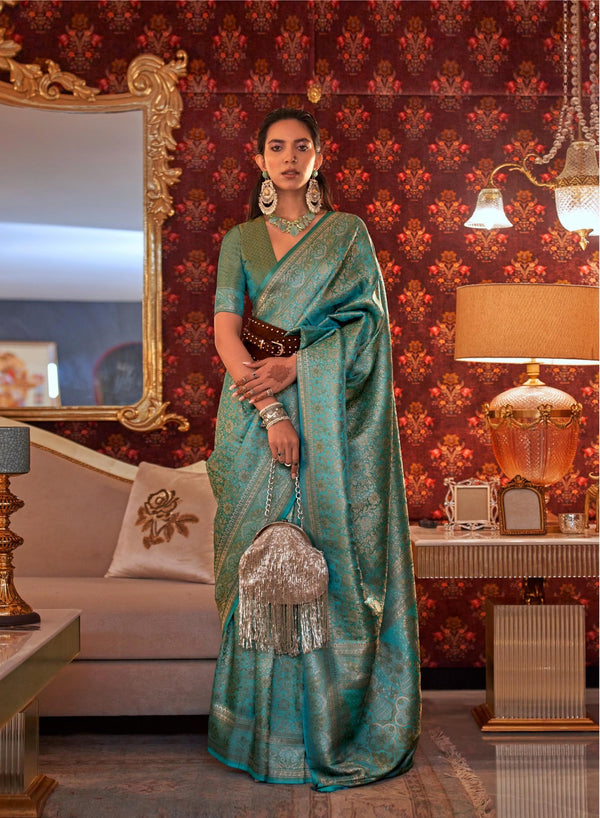 Teal Green Multi Zari Handloom Silk Saree - PAHRAVA