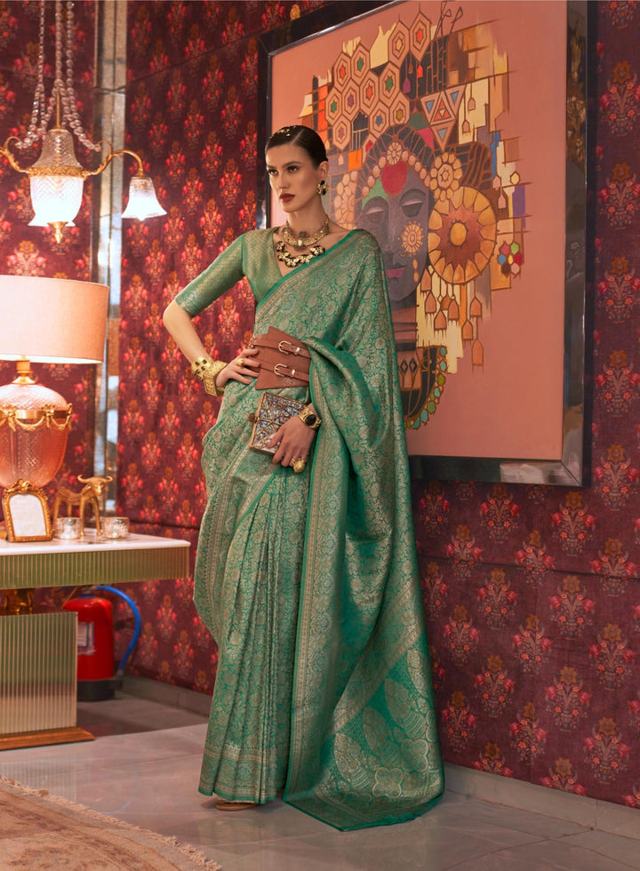 Mint Green Multi Zari Handloom Silk Saree - PAHRAVA