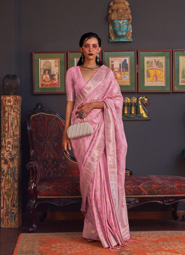 Baby Pink Pure Katan Handloom Weaving Silk Saree - PAHRAVA