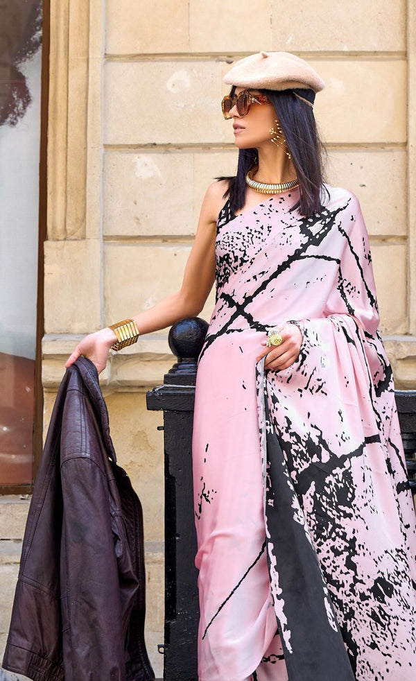 Queen Pink Print Satin Crape Saree - PAHRAVA