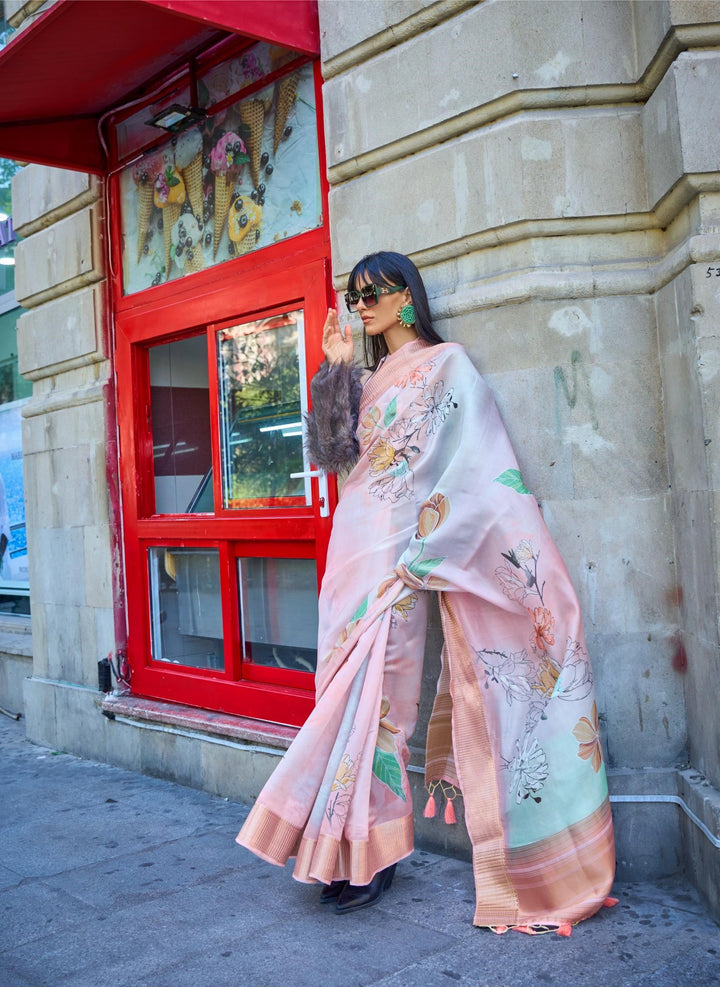 Faded Pink With Sky Blue Print Satin Organza Weaving Saree - PAHRAVA