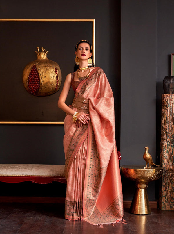 Dark Peach Chaap Handloom Weaving Silk Saree - PAHRAVA