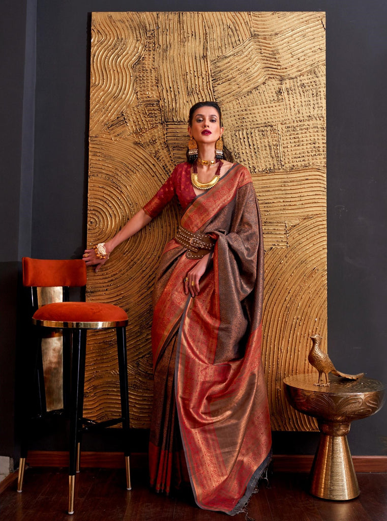 Brownish Chaap Handloom Weaving Silk Saree - PAHRAVA