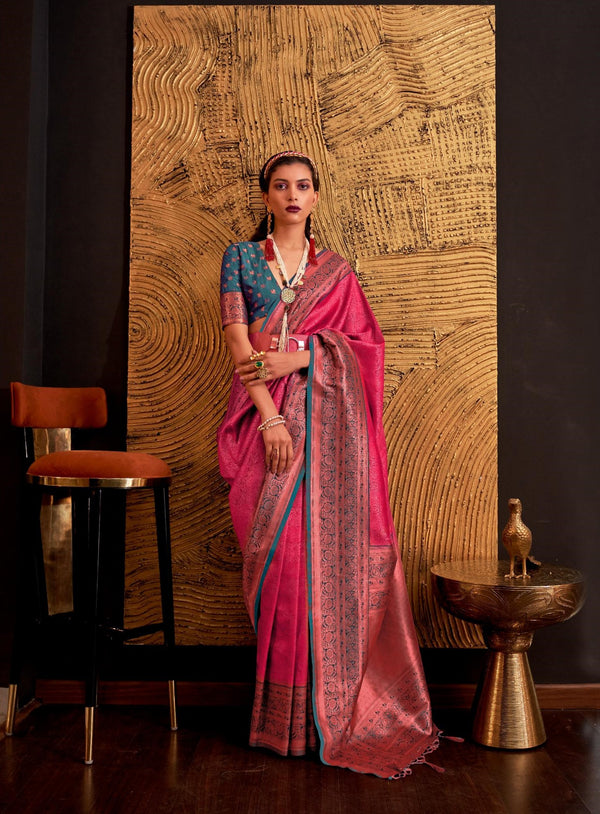 Pinkish Red Chaap Handloom Weaving Silk Saree - PAHRAVA