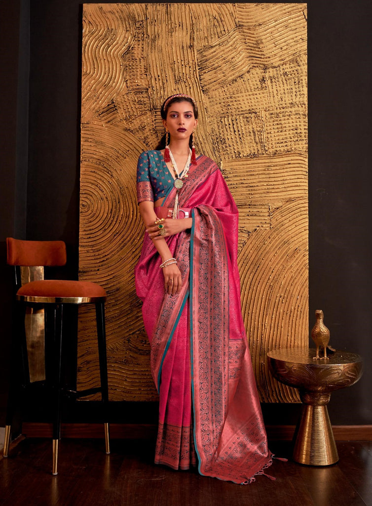 Pinkish Red Chaap Handloom Weaving Silk Saree - PAHRAVA