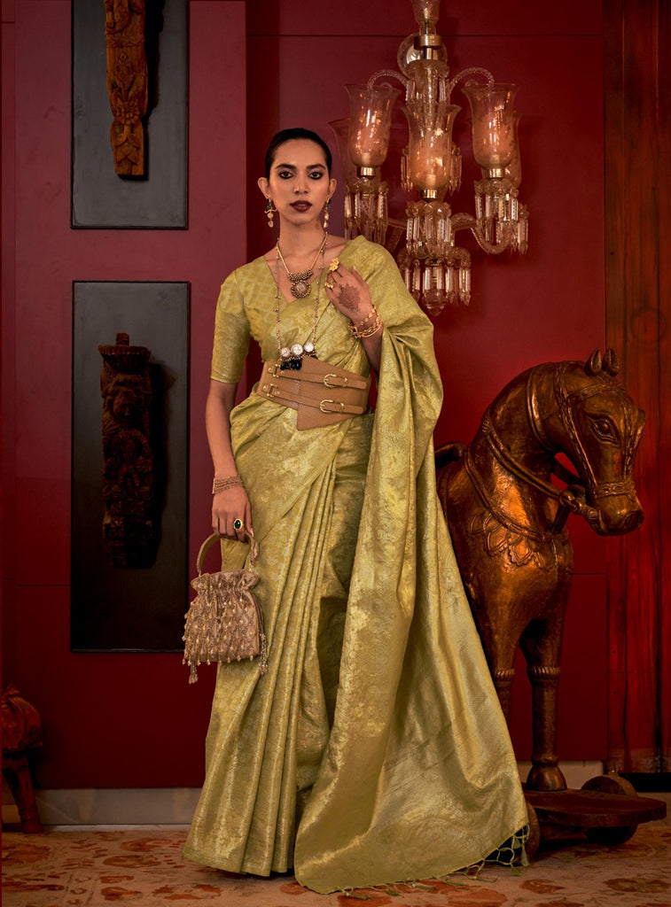 Olive Green With Gold Zari Base Handloom Weaving Silk Saree - PAHRAVA