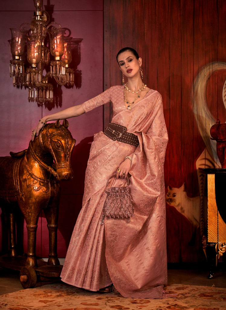 Peachy Pink Zari Base Handloom Weaving Silk Saree - PAHRAVA