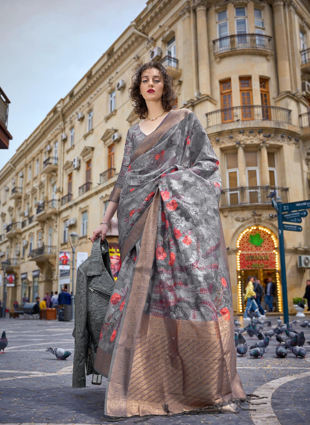 Charcoal Grey Printed Poly Brasso Handloom Weaving Saree - PAHRAVA