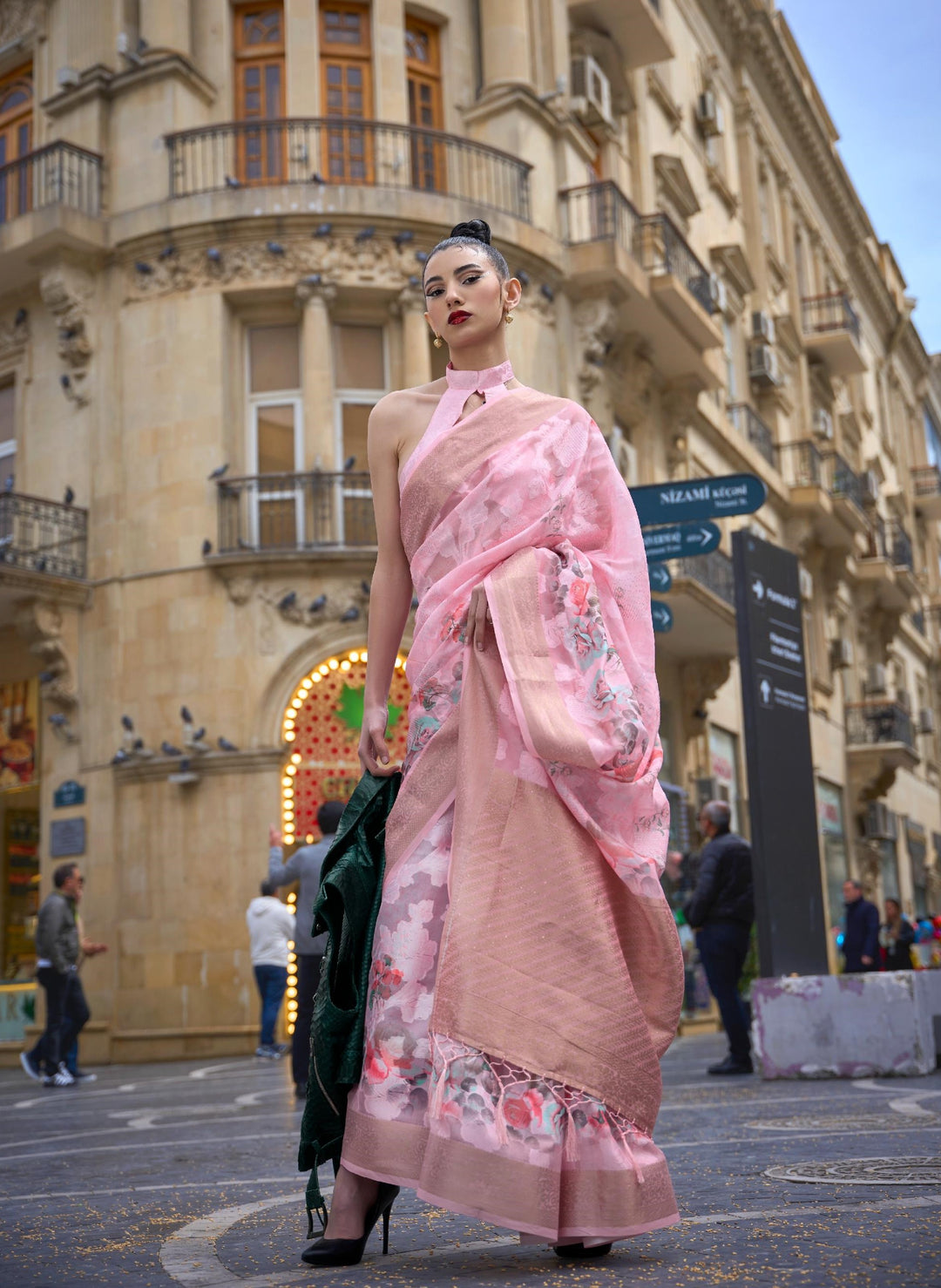 Light Pink Printed Poly Brasso Handloom Weaving Saree - PAHRAVA