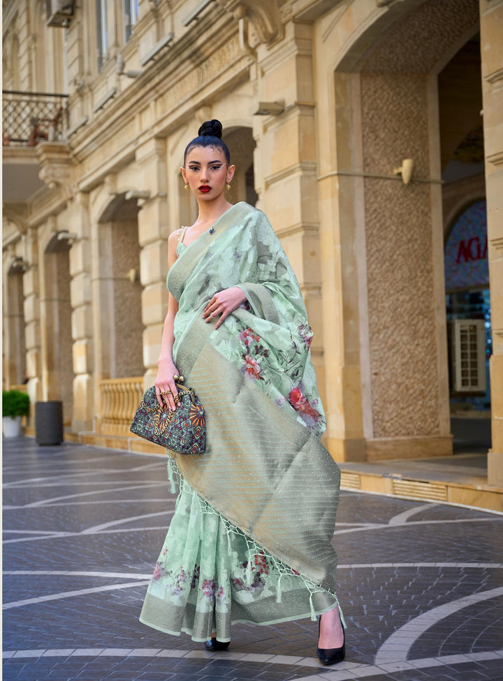 Turquoise Green Printed Poly Brasso Handloom Weaving Saree - PAHRAVA