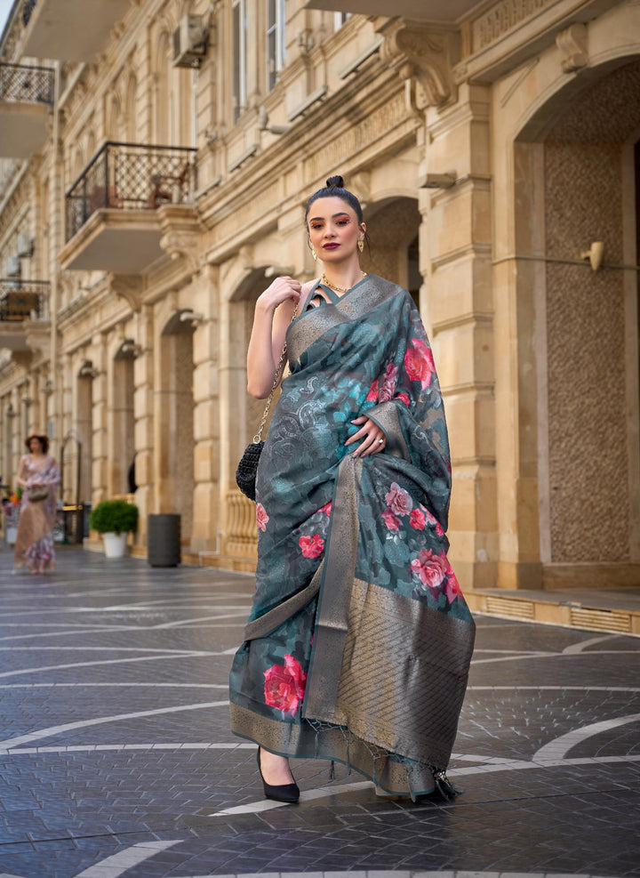 Greyish Blue Printed Poly Brasso Handloom Weaving Saree - PAHRAVA