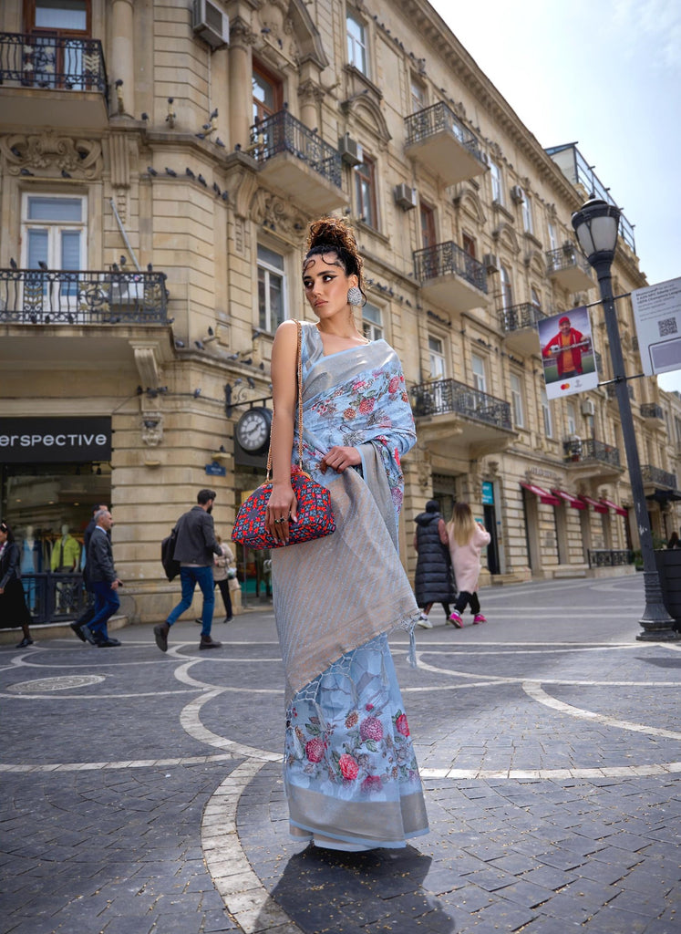 Sky Blue Printed Poly Brasso Handloom Weaving Saree - PAHRAVA