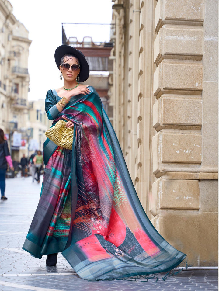 Dark Pink With Blue Pure Gaji Silk Print Handloom Weaving Saree - PAHRAVA