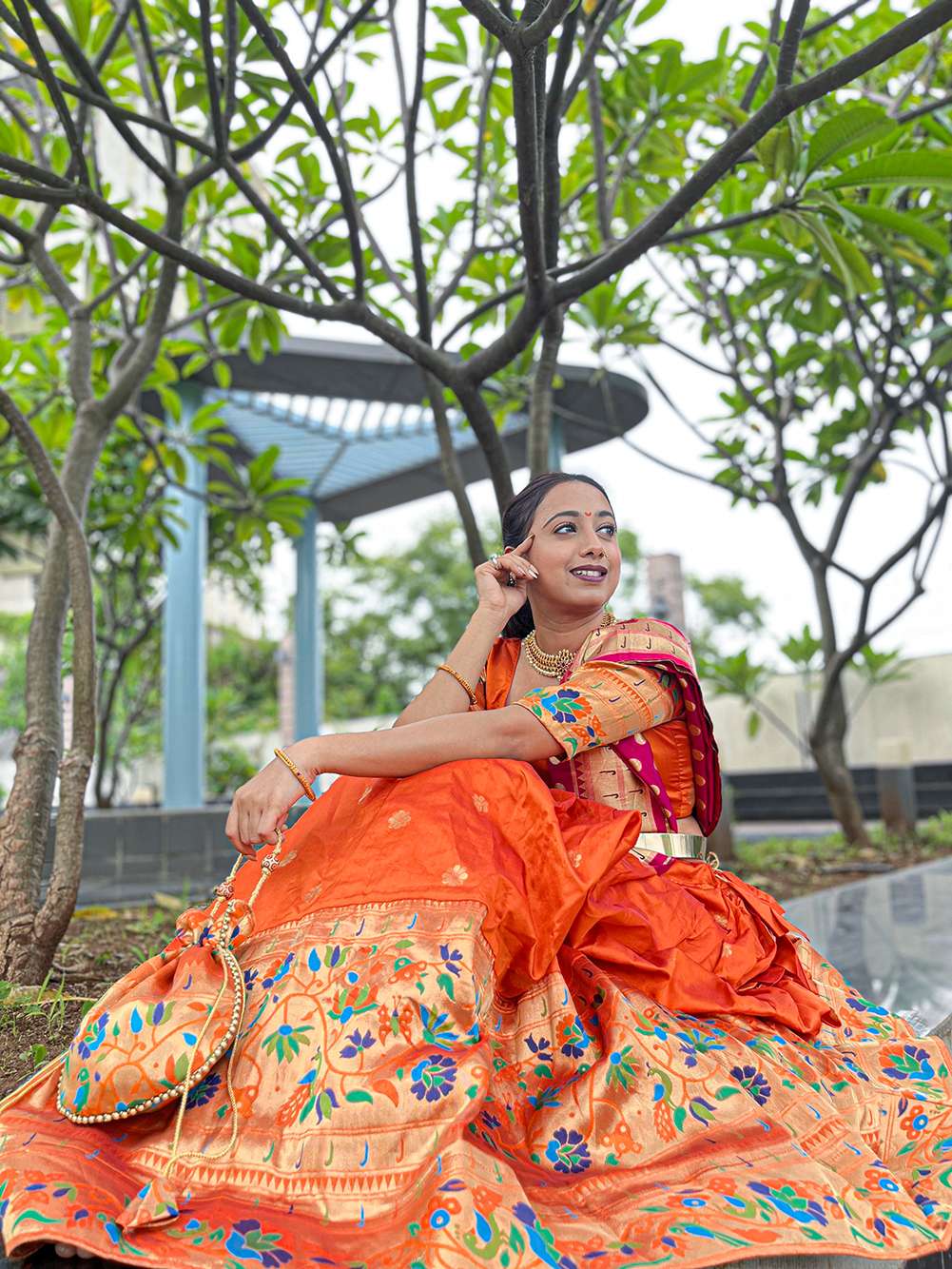 Orange Jacquard Lehenga with Intricate Weaving - PAHRAVA