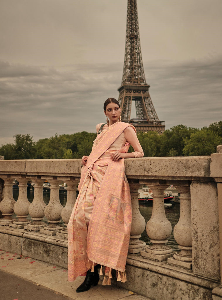 Light Peach Kashmiri Organza Handloom Weaving Saree - PAHRAVA