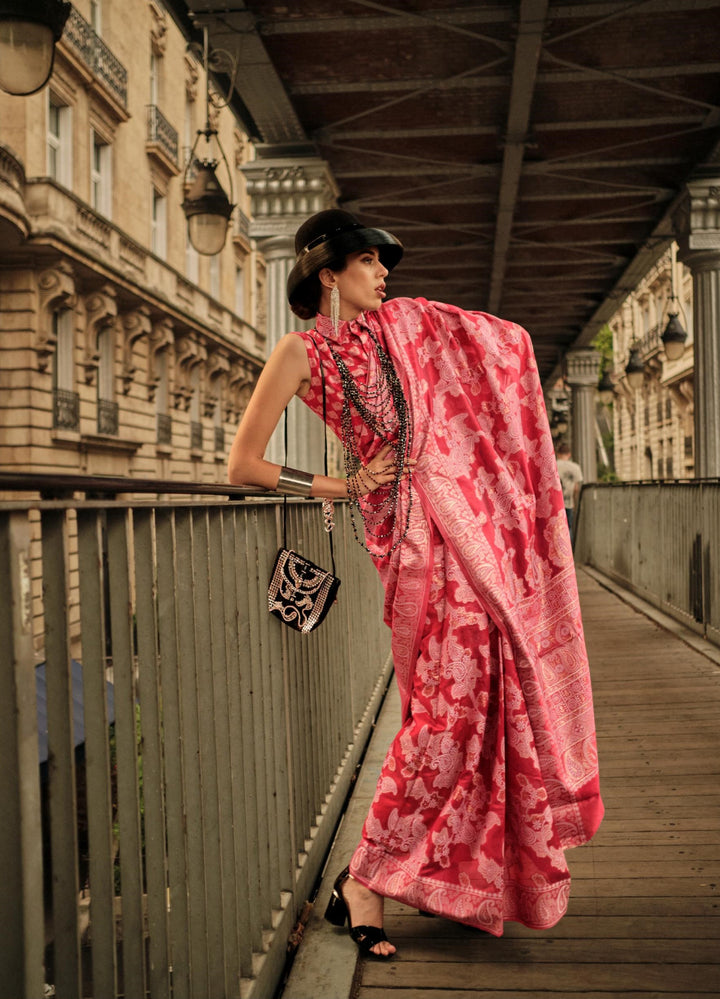 Hot Pink Organza Chikankari Zari Lucknowi Handloom Weaving Saree - PAHRAVA