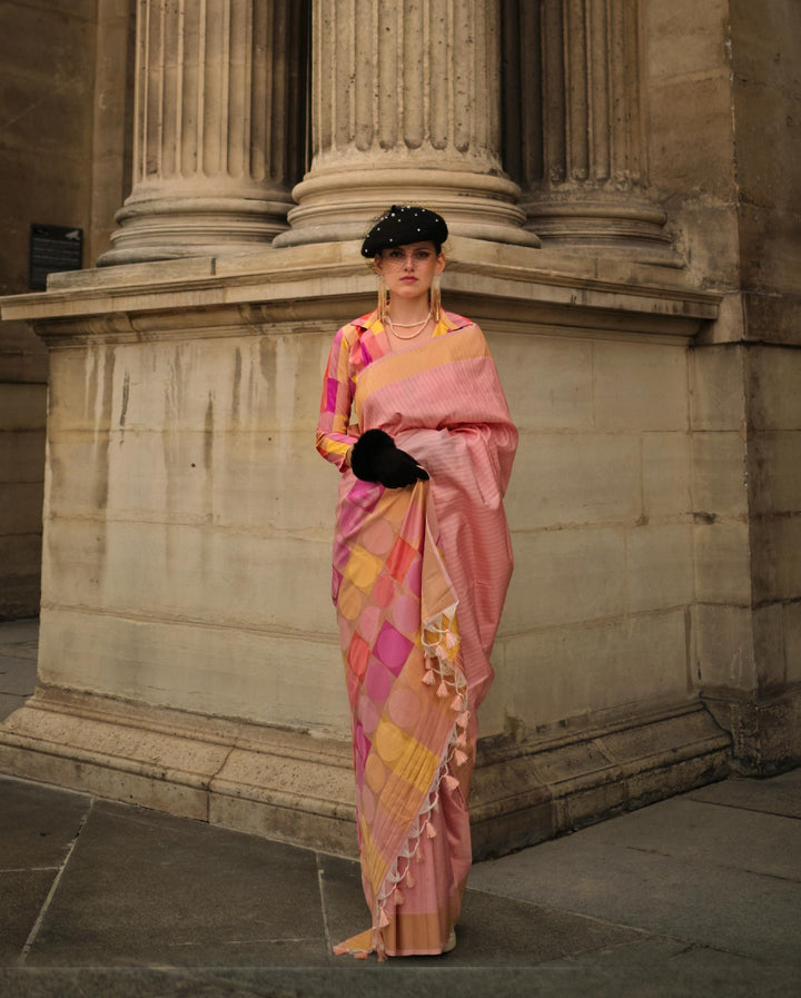 Light Peach Soft Silk Handloom Weaving Saree - PAHRAVA