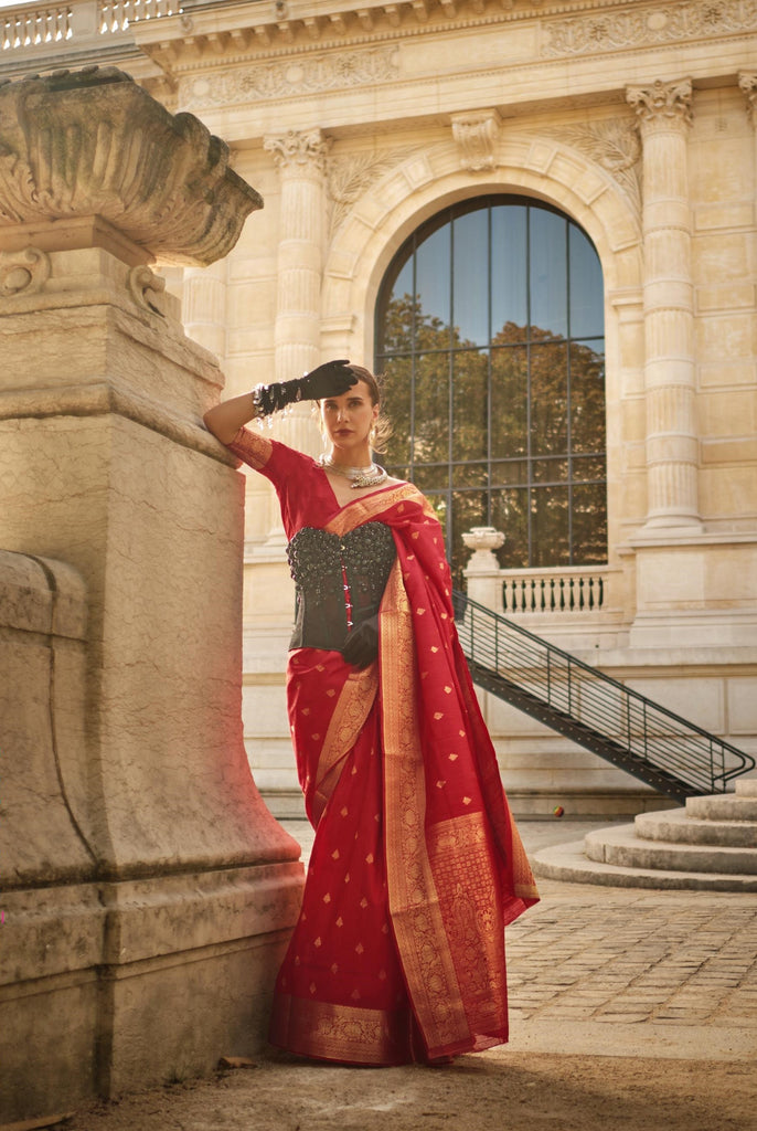 Rose Red Handloom Weaving Khadi Silk Saree - PAHRAVA