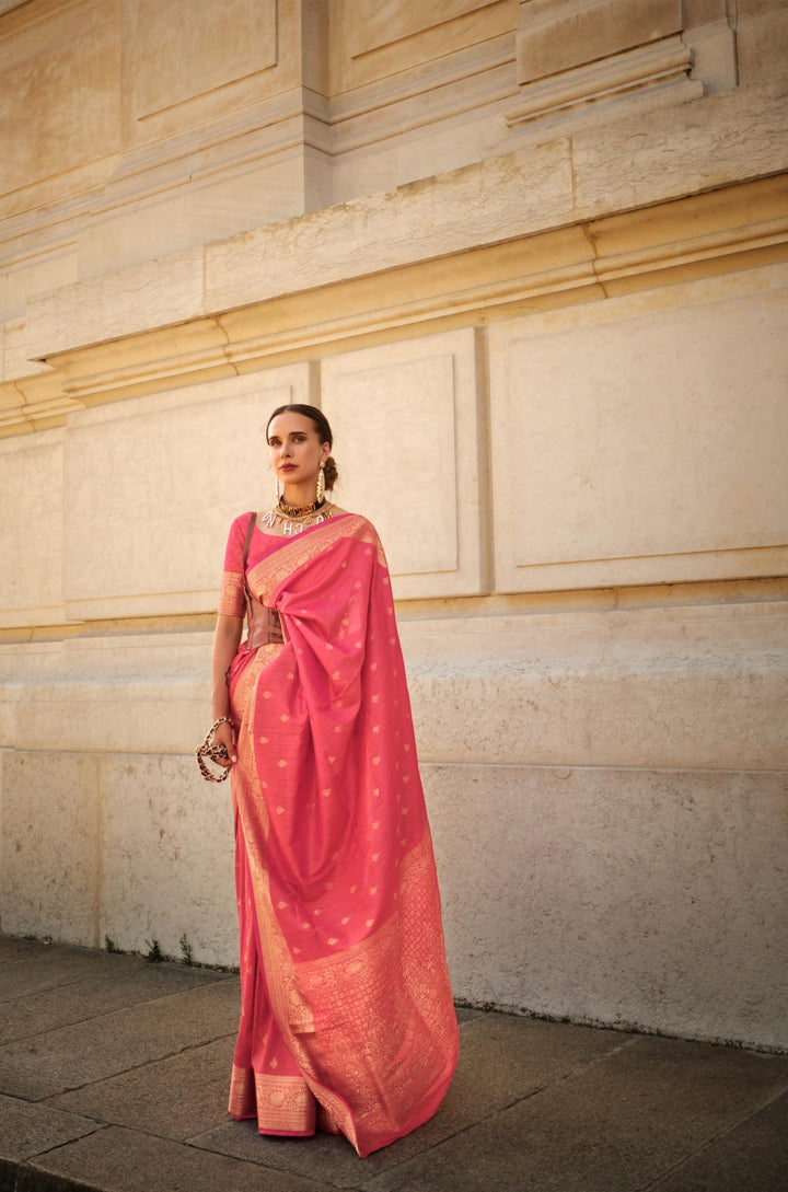 Warm Pink Handloom Weaving Khadi Silk Saree - PAHRAVA