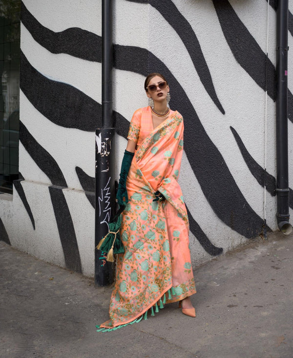 Peachy Pink Parsi Weaving Handwoven Textured Silk Saree - PAHRAVA