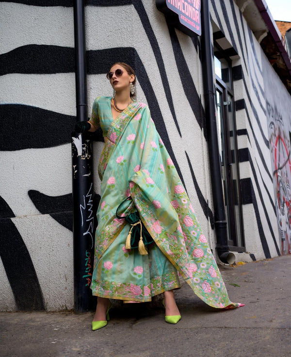 Shadow Green Parsi Weaving Handwoven Textured Silk Saree - PAHRAVA