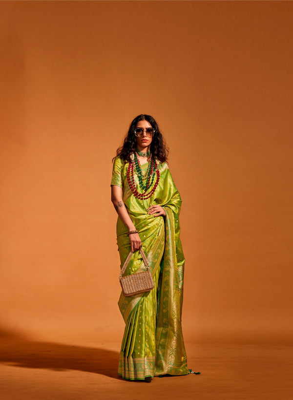 Avocado Green Pure Satin Handloom Weaving Silk Saree - PAHRAVA