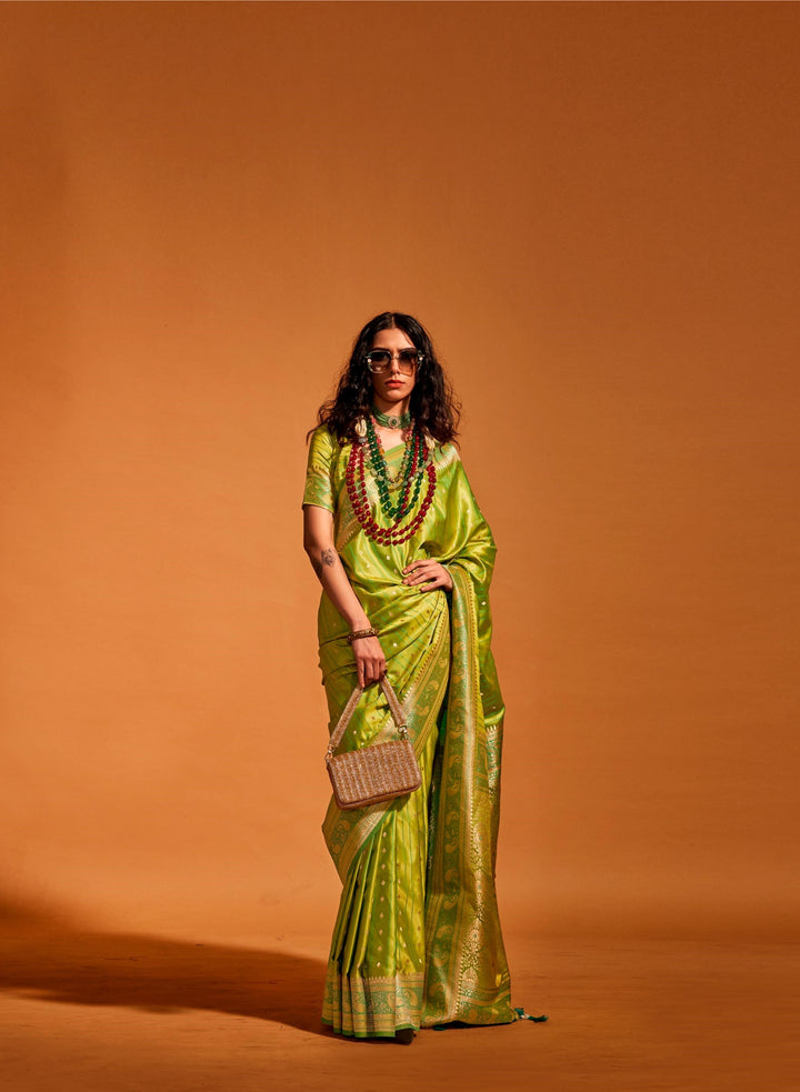 Avocado Green Pure Satin Handloom Weaving Silk Saree - PAHRAVA