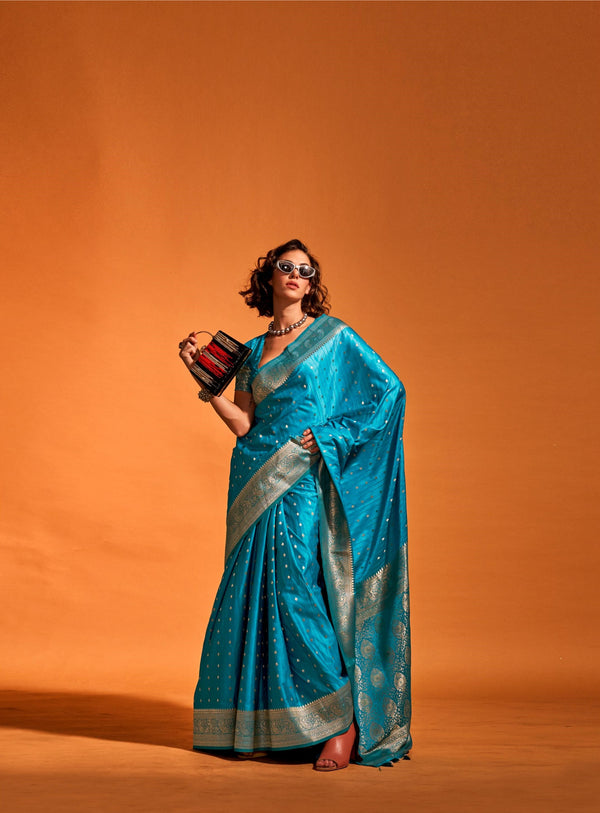 Aqua Blue Pure Satin Handloom Weaving Silk Saree - PAHRAVA