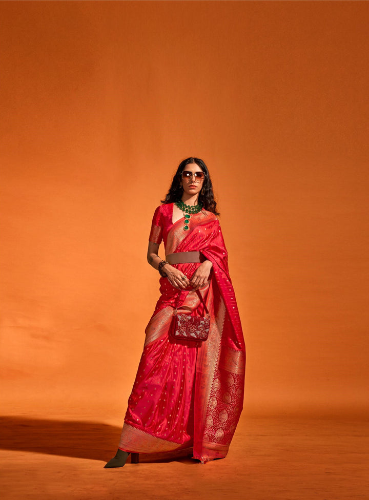 Cherry Red Pure Satin Handloom Weaving Silk Saree - PAHRAVA